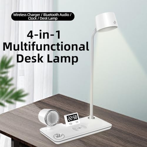 AYI Multifunctional Desk Lamp with Wireless Charger, Bluetooth Speaker, Digital Alarm Clock, Dimmable RGB LED, Brightness & Angle Adjustable for Home Office Bedroom, HYT1772 White.