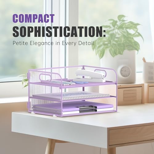 DALTACK 3 Tier Paper Organizer for Desk, Sliding Paper Trays, Purple