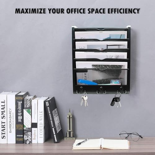Multi-Purpose No-Assembly Hanging Wall File & Mail Organizer - 3 Pairs of Hooks, Fits Desk with Side Panel/Door-Mountable (Black)