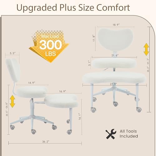 Ergonomic Cross Legged Chair, Meditation Chair Plus with Wheels for ADHD/Fidgety Sitters, Height Adjustable & Lumbar Support, Teddy Fabric, Ivory Home Office Furniture