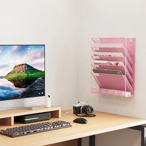 EasyPAG 5 Tier Wall File Holder, Mesh Hanging Folder Organizer with Classify Label, Versatile Desk File Holder, Vertical Wall Mounted Mail Organizer for Office Home Cubicle, Pink