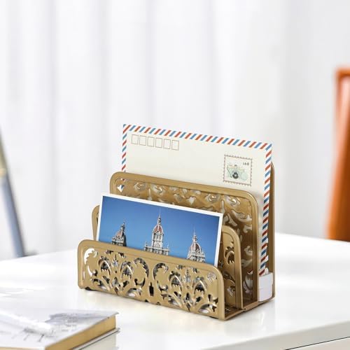 EasyPAG Mail Organizer Countertop 2pc Desk Mail Sorter for Envelope 3-Slot Vertical Letter Holder for Office, Home, School, Gold