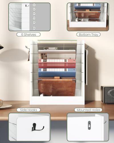 CHOEZON Wall File Holder, 6-Tier File Organizer, Office Supplies Storage Rack, Versatile Desktop Organizer, with Detachable Shelves, with Side Hooks, for Living Room, Study, Home Office, White MWJ02WB
