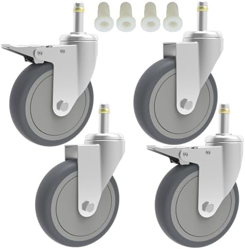 RILIDRI 5-Inch Swivel Stem Caster, 7/16-Inch Stem Diameter Rubber Wheel, Heavy Duty TPR Thermoplastic Rubber Replacement Wheels, 225-lb per Wheel- 4 Pack(2 Brakes 2 Swivel)