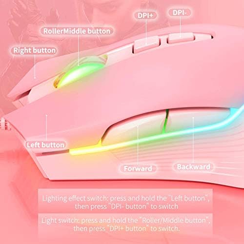 RGB Gaming Mouse Wired, 6400 DPI & 7 Buttons, Pink
