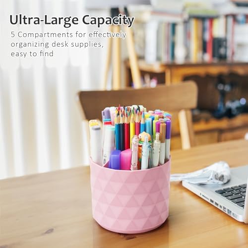 Desk Organizer, 360-Degree Rotating Pencil Pen Holders For Desk, Diamond Pattern Pen Organizer With 5 Compartments, Cute Desk Accessories Decor For Office, School,Home,Art Supply (White)