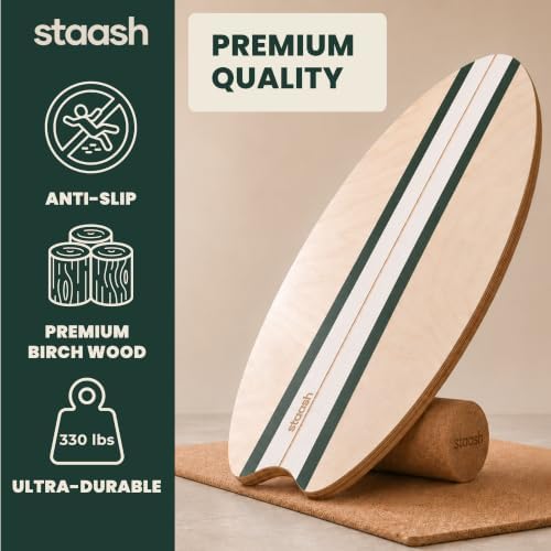STAASH® Balance Board Full Kit – Premium Birch Wood Trainer with Cork Roller, Balance Disc, Massage Ball & Anti-Slip Mat – Core Strength, Surf, Snowboard & Rehab Training – All-In-One Set