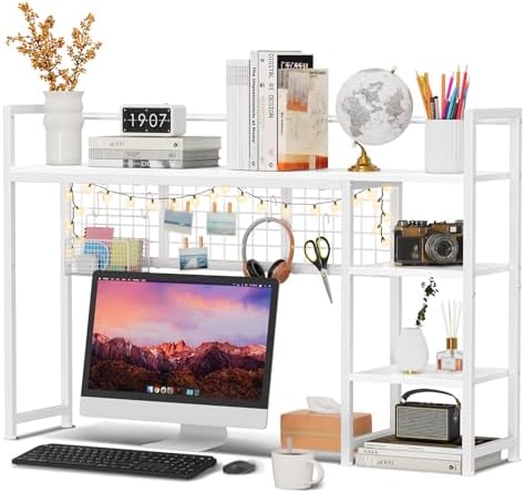 Snughome Desk Shelf, 44.9" Desktop Organizer Shelf, Desk Hutch for Computer Monitor, 4 Tier Desk Display Rack with Pegboard Hooks Set, Wood Desktop Bookshelf for Home Office Dorm