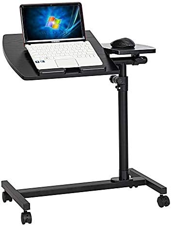 TV Tray Bed Side Table, Portable Rolling Desk Hospital Bed Laptop Table, Small Standing Desk with Wheels Adjustable Height for Sofa, Bedside, Tablet Use, Secure Non Tilt, 23.2" W, Black