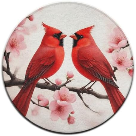 Soft Round Yoga Carpet, Large Home Decor Mat, Non Slip Machine Washable Kitchen Office Circle Rug Cherry Flower Floral Blossom Red Cardinal Branch