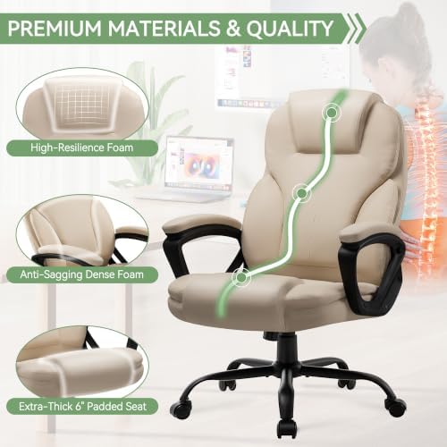 Ergonomic Office Chair with High Back, Comfy Desk Chair, Adjustable Executive Office Chair for Home Office, Big and Tall Computer Chair Heavy Duty, 360° Swivel, Faux Leather White