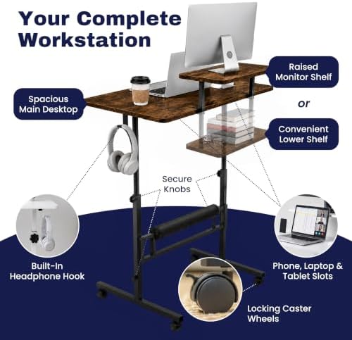 Small Rolling Desk with Wheels, Adjustable Height 27"-43.3" Portable Standing Desk, 31.5"x15.7" Tabletop, Mobile Laptop Computer Table for Home Office Workstation, Rustic Brown