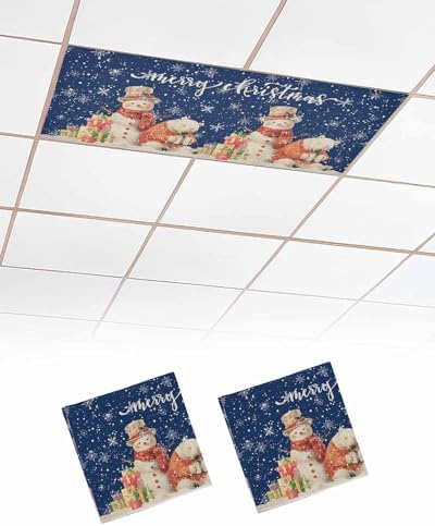 Christmas Magnetic Fluorescent Light Covers for Ceiling Lights 2 x 4 Feet,Retro Snowflakes Snowman Bear Farmhouse Blue Office Classroom Kitchen Drop Ceiling Light Covers Filters Shade Panel 2 Packs