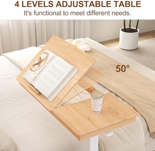 Muwuele Solid Wood Overbed Bedside Table with Wheels, Adjustable Medical Tilt Top Hospital Bed Table Over The Bed, Rolling Laptop Desk, Mobile Standing Desk for Hospital and Home Use (Natural)
