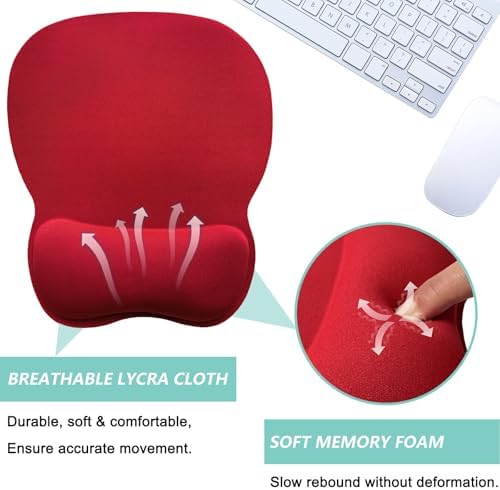 Mouse Pad with Wrist Support, Ergonomic Mousepad with Comfortable Memory Foam Wrist Rest Cushion, Relieve Wrist Pain, Non-Slip Rubber Base Gaming Mice Pad for Home Office Computer Laptop, Red