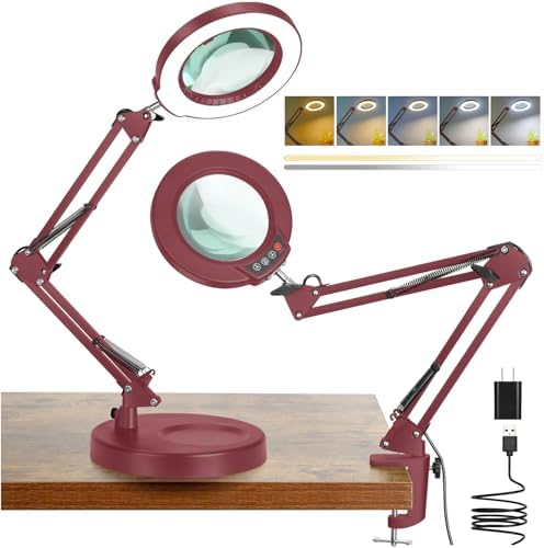 Coyeth 12X Magnifying Glass with Light and Stand, 5 Color Modes Stepless Dimmable 2-in-1 Lighted Magnifier with Clamp, LED Desk Lamp Hands Free for Crafts Hobby Reading Painting Sewing Close Work Red