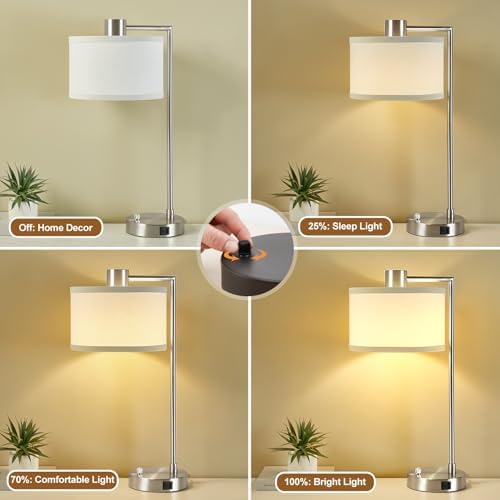 Silver Table Lamp Set of 2, Dimmable Bedside Lamps for Night Stand, USB A+C
