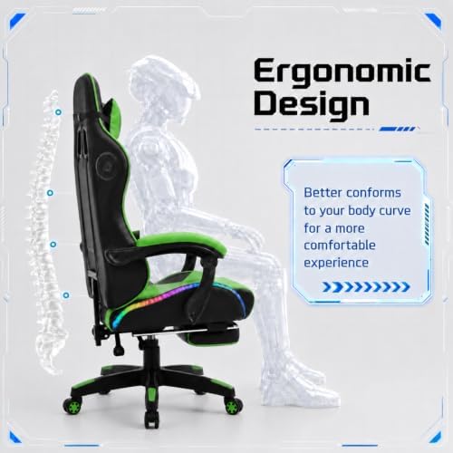 Redeer Led RGB Gaming Chair with Speakers Massage & Footrest, Reclining Gamer Chair for Adults, Video Game Chairs with Canopy, Heavy Duty Gaming Chair Massage, 350LBS Green