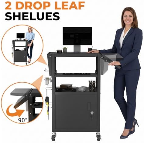 Mobile AV Cart with Pullout Keyboard Tray, Rolling Computer Cart Height Adjustable Rolling Media Utility Cart with 4 Wheels