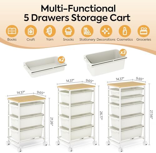 KINGBOARD Slim Rolling Cart with 5 Drawers, Metal Utility Storage Cart