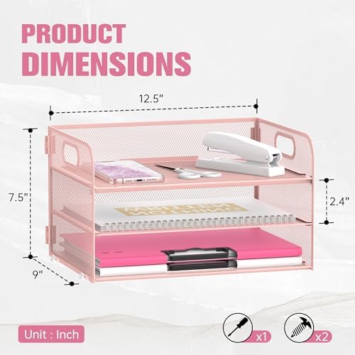 DALTACK 3 Tier Paper Organizer for Desk, Sliding Paper Trays, Pink