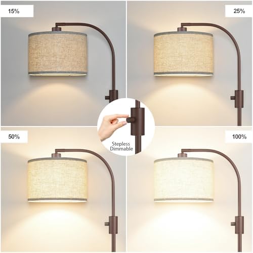 Nintiue Upgraded Modern Arc Dimmable Tall Standing Floor Lamp with Linen Shade, 1200 Lumens LED Bulb Included, for Living & Reading Room, Bedroom, Office & Nursery, Matte Brown