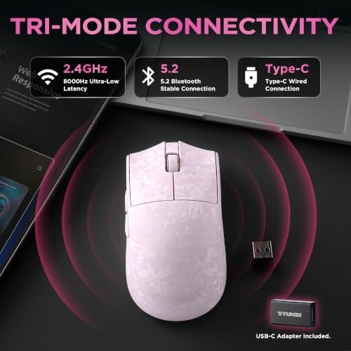 YUNZII M2 Dual 8K Wireless Gaming Mouse, PAW3395, 6-Level DPI(Pink)