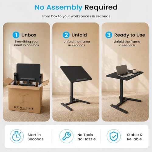 25" Mobile Folding Desk, Pneumatic No-Assembly Standing Desk, Black