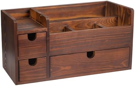 Rustic Brown Wooden Desktop Organizer Drawers Removable Office Supplies Torched Wood Storage Cabinet Caddy Box Stationery Pencil Slots Mail Holder Notes Accessories Home Makeup Tools Cosmetics