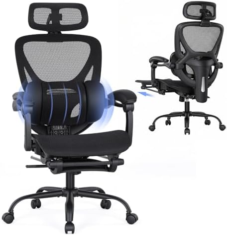 MALOL Ergonomic Mesh Office Chair with Footrest, Executive High Back Computer Desk Chair with 3D Adjustable Headrest & 5-Level Lumbar Support, Reclining Tilt Lock, 3D Arms, 300LBS Capacity, Black
