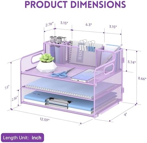3-Tier Desk Organizer with Pen Holder and Handles, Paper Organizer, Purple