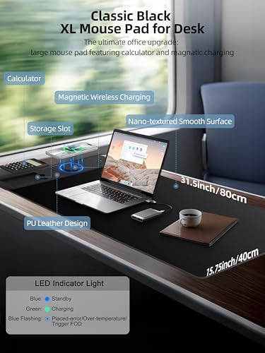 Mouse Pad 31.5x15.75 Inch with Calculator, 15W Magnetic Wireless Charging Desk Mat, XXL Desk Pad, Home Office Large Keyboard Pad with Ultra-Smooth Surface, Non-Slip Base (Black with 20W PD Charger)