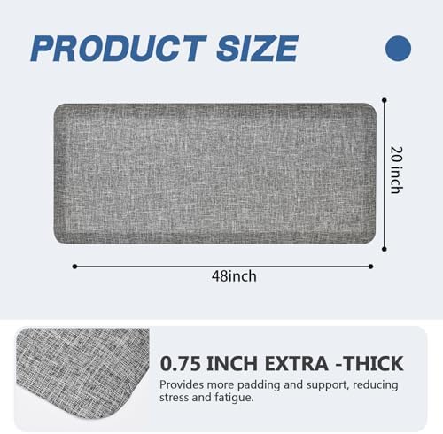 Anti Slip 3/4 inchs Anti Fatigue Kitchen Floor Mat, Ergonomic Comfort Standing Mat, Waterproof Kitchen Runner for Home, Kitchen, Office, Laundry, Garage (Light Gray, 20" x 48" -0.75")