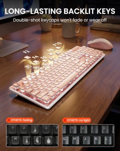Wireless Keyboard and Mouse Combo, White Backlit, Rechargeable - Pink