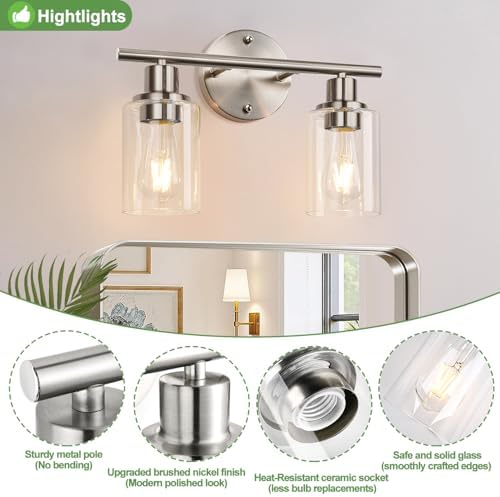 Zarbitta 2-Light Bathroom Light Fixtures, Brushed Nickel Vanity Light, Modern Vanity Lights with Clear Glass Shade, Bathroom Wall Lamp for Mirror Kitchen Living Room Hallway Cabinet Porch