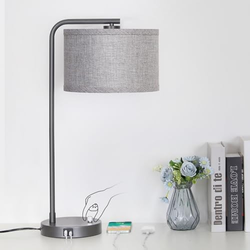 Gray Bedside Lamp with USB C+A Ports, Fully Dimmable Modern Nightstand Lamp