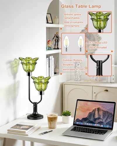 Mid Century Modern Flower Green Table Lamp for Living Room Dimmable