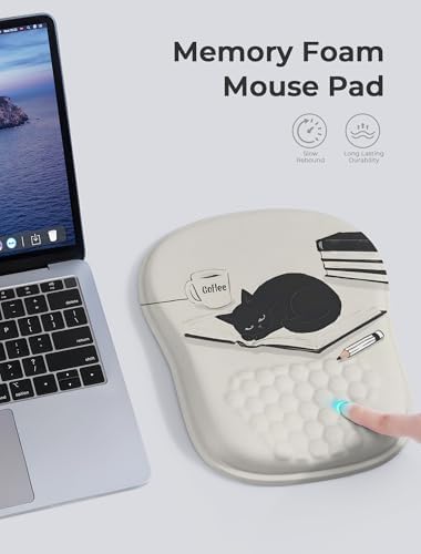 Ergonomic Mouse Pad with Cute Black Cat Design, for Carpal Tunnel Pain Relief, 65% Usable Mouse Area, Memory Foam Concave Wrist Rest for Office, PC, Gaming