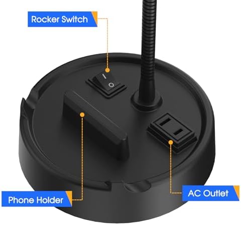 Energetic LED Desk Lamp with Phone Holder, Table Lamp with AC Outlet, Adjustable Flexible Gooseneck, 4000K, Eye-Care Reading Light for Bedroom, Study, Computer Desk, Living Room, Home Office, Black