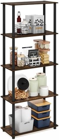 Furinno Turn-N-Tube Storage Shelves, 5-Tier Book Shelf, Corner Shelf, Toolless Open Shelves, for Organization and Storage, Living Room, Garage, Home Office, Amber Pine