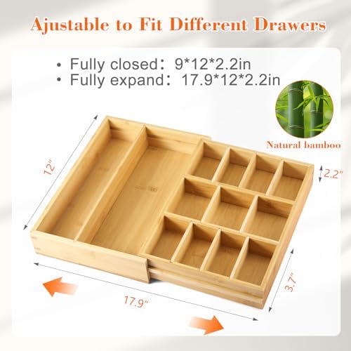 Bamboo Sliding Desk Drawer Organizer 9'' up to 17.9'' x 12'' x 2.2'' Expandable Office Desk Accessories Supplies Tray with 11 Compartments for Pens, Notebooks, Rulers, and Makeup Jewelry Vanity