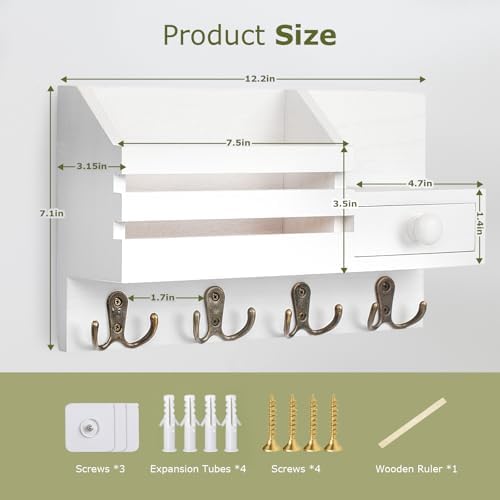 Key Holder Wall Mount, Wooden Key and Mail Organizer, White