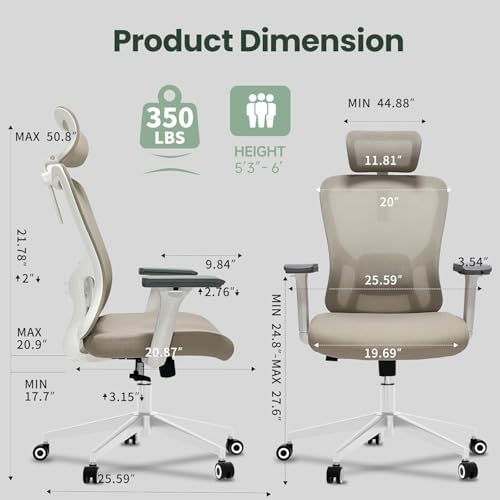 Monhey Office Chair, Ergonomic Office Chair, Home Office Desk Chair for Big and Tall People, Computer Chair with Adjustable Headrest, Lumbar Support, Flip-Up Arms, PU Wheels (03khaki)
