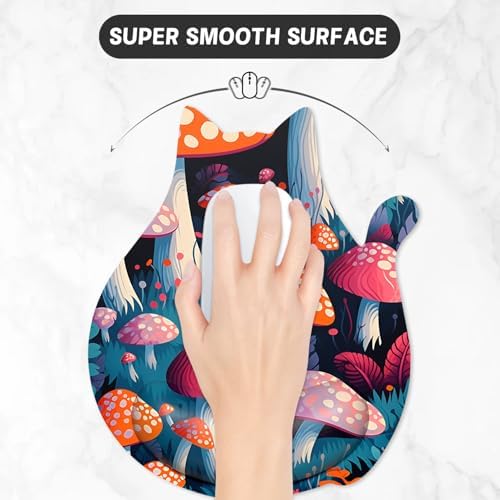 Ergonomic Mouse Pad with Wrist Rest, Cute Cat Memory Foam Padded Pain Relief Non-Slip Wrist Support Mouse Mat for Gaming Work Computer Laptop, Funny Office Supplies Desk Accessory, Mushrooms