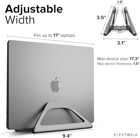 Elestoria Aluminum Vertical Laptop Stand with Gravity Auto-Lock – Adjustable Laptop Holder Vertical fits MacBook Pro/Air, Chromebook & Gaming Laptops up to 17.3" – Space-Saving Desktop Dock - Grey