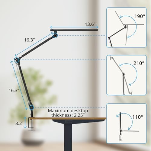 UPLIFTDESK E7 LED Desk Lamp with Clamp - Adjustable 3 Color Modes, Dimmable Black Architect Light for Standing Desk, Home Office, Dual Monitor Computer Work