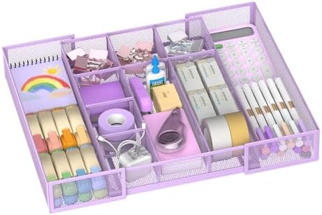 Expandable Desk Drawer Organizer, 10 Adjustable Compartment, Purple