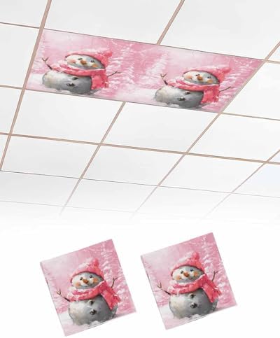Pink Snowman Magnetic Fluorescent Light Covers for Ceiling Lights 2 x 4 Feet,Christmas Tree Forest Vintage Painting Office Classroom Kitchen Drop Ceiling Light Covers Filters Shade Panel 2 Packs
