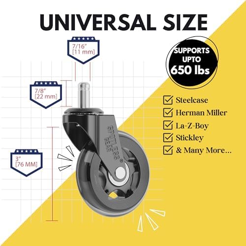 Office Chair Caster Wheels Gaming Chair 3 inch Replacement Rubber Chair Casters for Hardwood Floors & Carpet - Smooth & Quiet - Desk Chair Casters - Set of 5