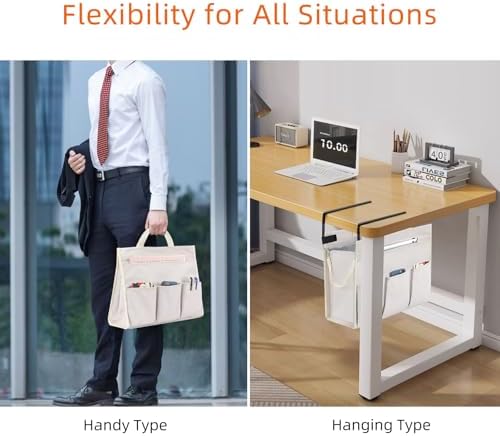 MASTLU Under Desk Hanging Storage Bag, Desk Organizer Storage, Office Side Storage Bag, Compatible with A4 Files, Detachable Handle Design, No Assembly Required, for Office Home School (Beige)